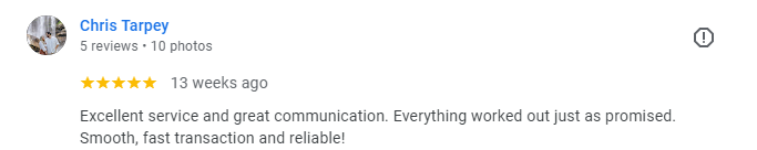 Google review from Chris Tarpey: excellent service, smooth and fast transaction